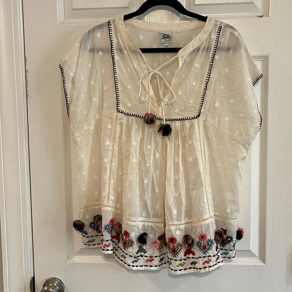 Ivy Jane sleeveless top with embroidery and pom-poms, Large